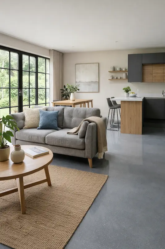 Salon moderne avec sol en résine époxy gris sans joint mcf terrassement bellême