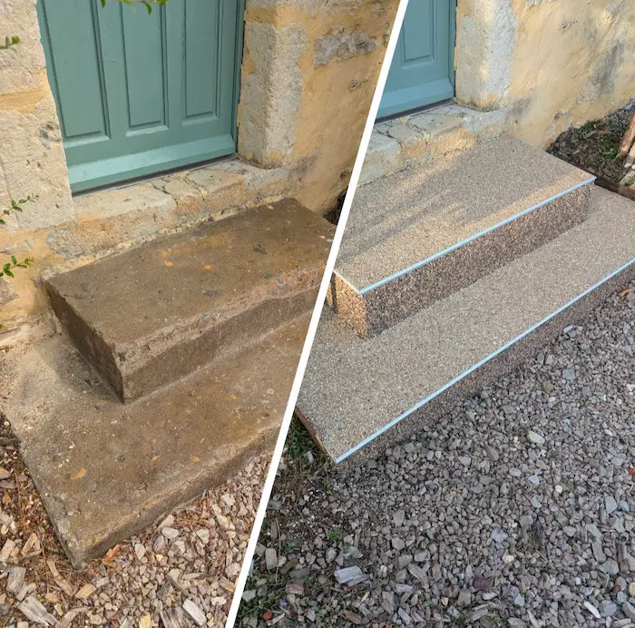 avant après d'un escalier en résine extérieure par mcf terrassement